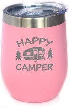 Bevvee Happy Camper Wine Tumbler With Sliding Lid - Stemless Stainless, Pink. - £29.43 GBP