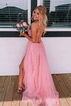 Lace Up Back Pink A-line Long Formal Dress Leg Split Prom Gown - £132.08 GBP