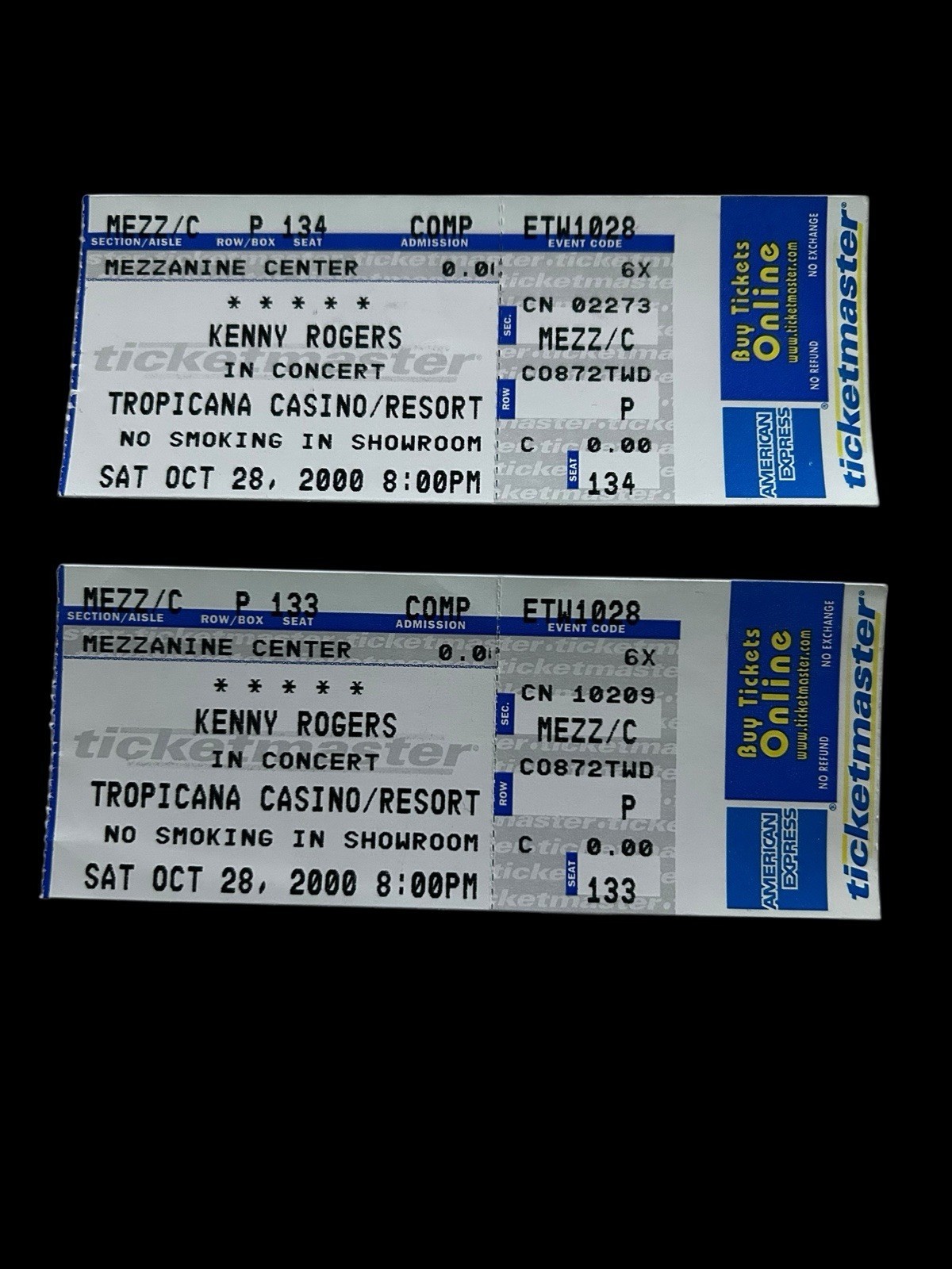 Vtg (2) Kenny Rogers Concert Ticket Stubs TROPICANA CASINO/RESORT VEGAS ... - $95.00