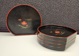 Set Of 5 Decorative Asian Trays Sake Servers Red Black Flower Stackable  5 1/2&quot; - £11.44 GBP