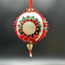 Vtg Red Velvet Sequin Wreath Beaded Push Pin Christmas Satin Ornament MCM - £18.74 GBP