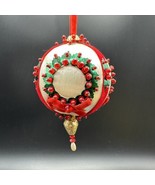 Vtg Red Velvet Sequin Wreath Beaded Push Pin Christmas Satin Ornament MCM - £18.82 GBP