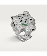 14K White Gold Plated Tiger Cubic Zirconia Ring With Emerald Eyes, Desig... - £167.77 GBP