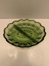 Indiana Glass Divided Oval Dish Green Scalloped Edges Candy Dish Trinket  - £10.22 GBP