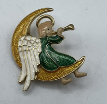Jewelry Pin Angel Moon Enamel Gold Tone Multi-Colored Secure Closure 1.5 x 1 ins - £6.81 GBP