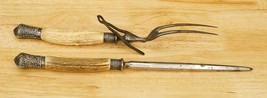 Victorian H Sears &amp; Sons Antler Handle Silver Trim Carving Fork &amp; Sharpe... - $123.74