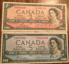 1954 2$ AND 5$ LOT OF 2 BANK OF CANADA BANK NOTES TWO DOLLARS AND 5 DOLLARS - $37.66