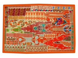 Arazzo patchwork bohemien ricamato da parete fatto a mano vintage 60&quot;L LT65 - $70.65