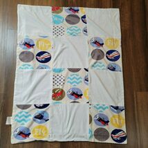 An item in the Baby category: RN # 119741 Baby Boy Blanket Blue White Patchwork Airplane Fly Polka Dot Planes
