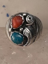 Navajo ring turquoise coral band size 8.75 sterling silver women men - £69.63 GBP