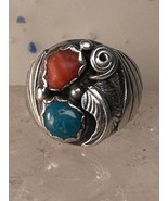 Navajo ring turquoise coral band size 8.75 sterling silver women men - £68.53 GBP