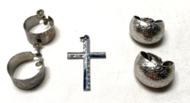 Vintage Etched Silvertone Hoop Earrings Lot of 2 Sets + Cross Pendant - $28.49