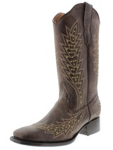 Womens Brown Western Cowboy Boots Gold Studded Embroidered Square Toe - £64.72 GBP