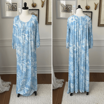 Vintage 70s Mistee Blue White Print Nylon Nightgown Maxi Dress USA M - $32.40
