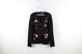Vintage 70s Country Primitive Womens Medium Flower Knit Cardigan Sweater Black - £58.68 GBP
