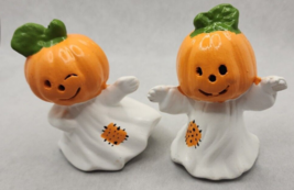 Vintage Halloween Ghost Set of Two Ceramic Ghosts with Pumpkins Heads PB198 - £15.17 GBP