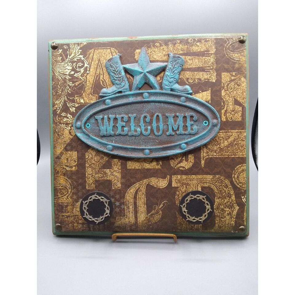 Primary image for Rustic Wooden Cowboy Welcome Plaque with Barbed Wire Knobs, Unique Brown and Blu