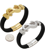 316L Stainless Steel 18k Gold Plated 24mm Dollar Sign Leather Bracelet 8.5" - $31.99
