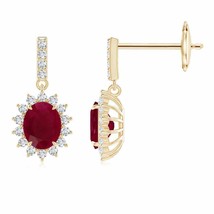 Natural Ruby Drop Earrings with Diamond for Women in 14K Gold (Grade-A , 5x4MM) - £538.84 GBP