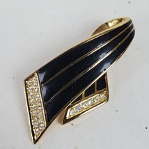 Vintage 1990s Black &amp; Gold Tone Ribbon Brooch Pendant w/ Faux Diamonds 1.75 Inch - £13.27 GBP