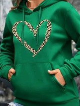 Women&#39;s Graphic Leopard Print Big Heart Pullover Green Sweatshirt Hoodie... - $11.75