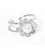 White Gold Dipped CZ Flower Acrylic Pearl Adjustable Ring - £23.55 GBP