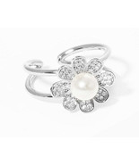 White Gold Dipped CZ Flower Acrylic Pearl Adjustable Ring - £23.53 GBP