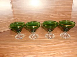 4 Anchor Hocking Forest Green &amp; Crystal/Gold Trim &quot;Inspiration&quot; Footed Sherbets - £15.60 GBP