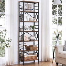 Homissue Bookcase,7-Tier Tall Bookshelf Metal Bookcase And, Rustic Brown - £152.45 GBP