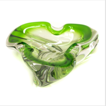 Vintage Green And Clear Art Glass Folded Edge Candy Dish Bowl Heavy 7&quot; - £35.45 GBP