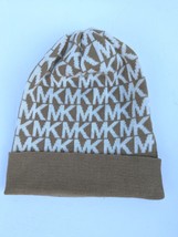 Michael Kors Womens Beanie Hat MK Logo Knit Cuffed White Tan Winter Stretch New - £19.67 GBP