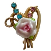 Vintage Porcelain Rose Brooch Pin Rhinestones Gold Tone Heart Art Deco V... - $16.82
