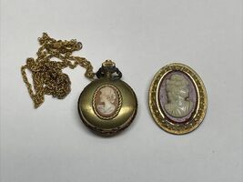 Vintage Framed Cameo Pendant Necklace &amp; Pin Long Calibri Quartz Swiss CV JD - $19.79