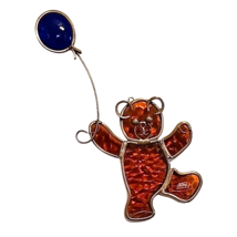 Teddy Bear with Balloon Stained Glass Suncatcher Vtg Amber Blue - £14.69 GBP