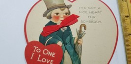 Antique VALENTINES CARD CUTE BOY IN TOP HAT Ribbon Tie Victorian Dress A1 - £6.55 GBP