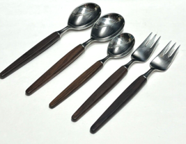 Lot 5 Pcs Lundtofte Eckhoff Dansk Denmark Stainless Wood Forks Spoons Teaspoon - £52.97 GBP