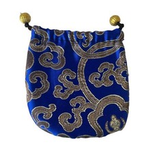 Vintage Blue Asian Silk Jewelry Pouch Bag Black Floral 4&quot; Makeup - £8.93 GBP