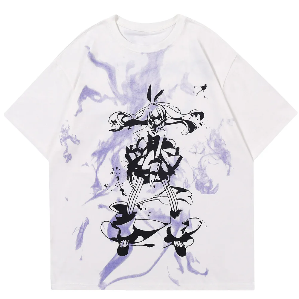 Aolamegs Cartoon Comics Girl Printed Tie Dye T-shirts Men Hip Hop Otaku Short Sl - £40.28 GBP