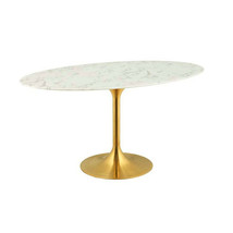 60&quot; White Oval Tulip Pedestal Stem Dining Table Stone Faux Marble Gold Base - £874.75 GBP