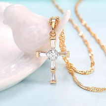 0.50Ct Round Cut Moissanite Cross Pendant Necklace 14K Yellow Gold Plated Chain - £78.34 GBP