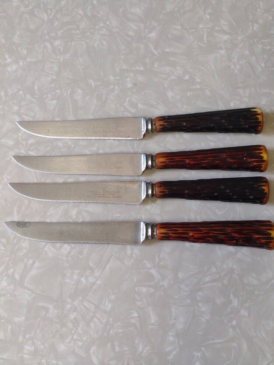Westall Richardson Sheffield 8.5" Steak Knife LOT 4 Bakelite Faux Antler Handle - $18.49