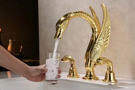 24K Gold 13&quot; big Swan bathtub Faucet 3 Holes widespread bathroom Tub Mixer tap - £2,802.56 GBP