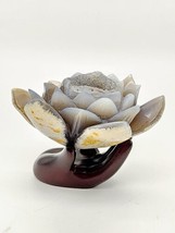 Druzy Agate Hand Carved Lotus Flower With Wood Hand Stand Included, Lotu... - £55.38 GBP