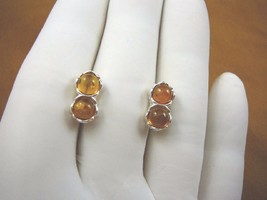 (PE28-25) Golden Amber Orange 2 Stone Round .925 Sterling Silver Stud Earrings - £25.13 GBP