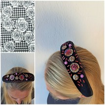 Art Black Velvet Headband with Handpainted elements. Floral Houndstooth Hairband - £35.61 GBP