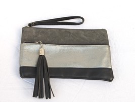 Wristlet Clutch Purse Tassel Tri Color Black Gray Silver Textured Bag Zi... - £19.56 GBP
