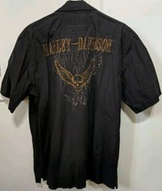 Harley Davidson Men’s Black Cotton Shirt Large Button Up Skull Wings U4 - £16.49 GBP