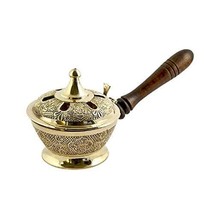 Brass Charcoal Loban Resin Burner With Wood Handle for Home, Offices &amp; Temples - £19.46 GBP