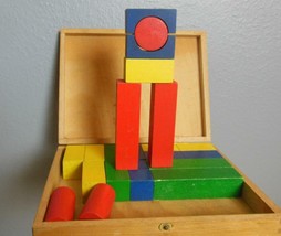 Vintage Wood Box with Latch and Painted Building Blocks 6.5 x 8.5 x 1.5&quot; - $20.79