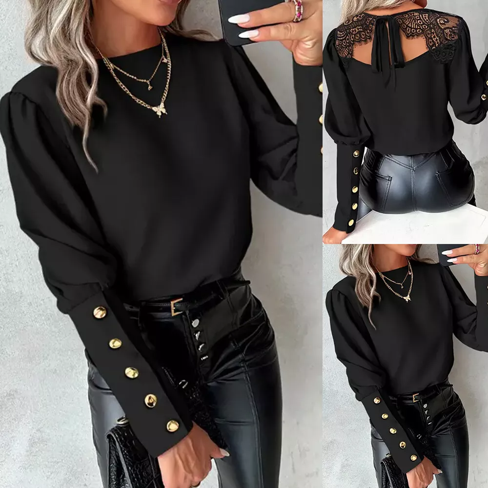 Sexy Womens Long Lantern Sleeve Pullover Lace Tops Backless Solid Blouse Tops - £12.75 GBP